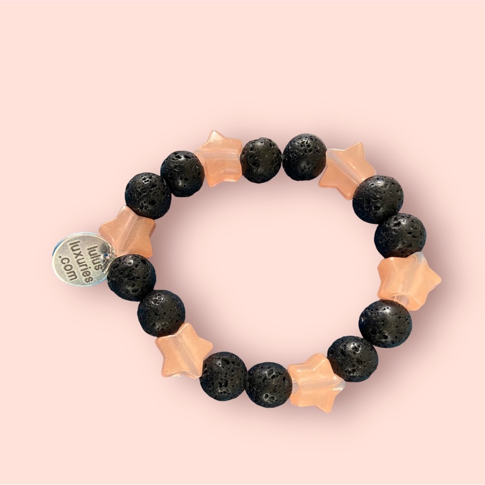 New Handmade Glow in the Dark Orange Stars w/Black Lava Stones Stretchy Bracelet